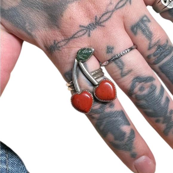 Jewelry - Cherry sterling Silver Ring with Red and Green jade Accents